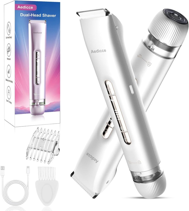 Aedicce Bikini Trimmer for Women 2 in 1, Dual Head Womens Electric Shaver, Electric Razors for Pubic Hair, IPX7 Waterproof Rechargeable Facial Hair Removal for Shaving Underarm Leg Arm Body Face, White - Image 1